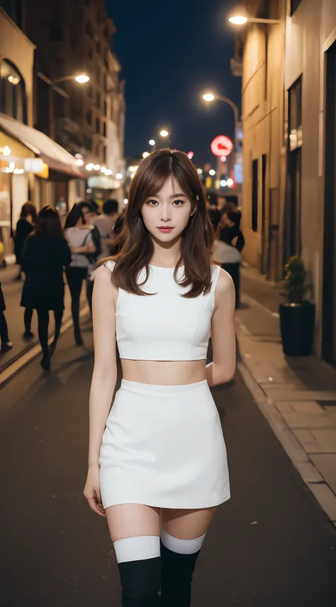 ((Realistic lighting, Best quality, 8K, Masterpiece: 1.3)), Clear focus: 1.2, 1girl, Perfect body beauty: 1.4, Slim abs: 1.1, ((dark brown hair)), (White dress: 1.4), (Outdoor, night: 1.1), City Street, Super Fine Face, Fine Eyes, Double Eyelids, (Over the...