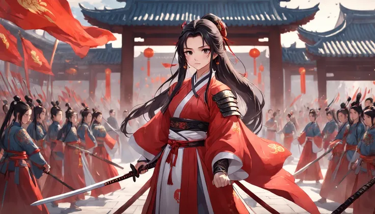 A woman in a red Chinese suit stands in front of a group of soldiers in armor with a sword。, Hold the hilt of the sword in your hand, xianxia fantasy, Wuxia, full-body wuxia, Hanfu, xianxia hero, inspired by Du Qiong, Chinese fantasy, three kingdom, Palace...