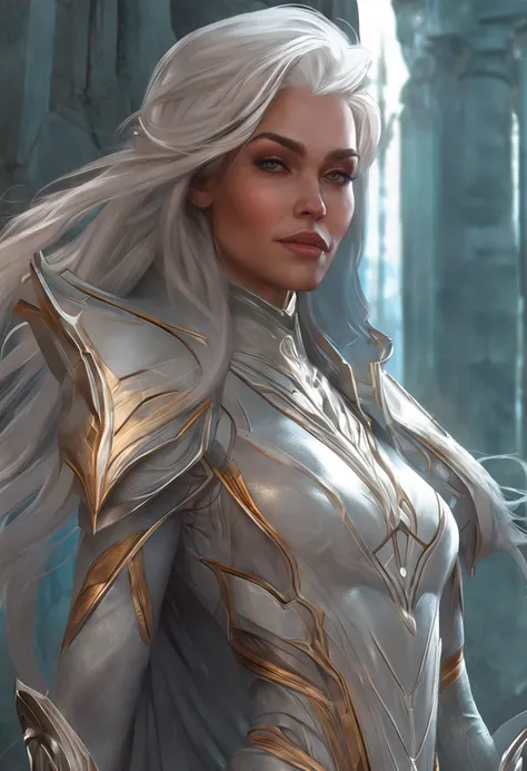 Amazingly beautiful elven female with silver hair, fit body, fantasy, Intricate, elegant, Highly detailed, Digital painting, art  stations, concept-art, smooth, Sharp focus, illustration, art by artgerm and greg rutkowski and alphonse mucha