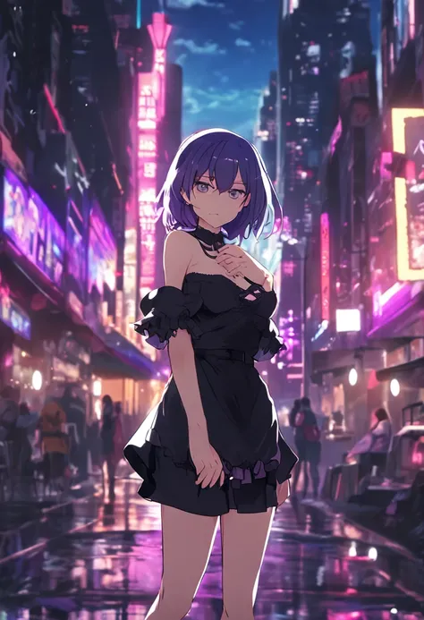 Tsundere、Two-side-up、thighs thighs thighs thighs、Anime girl with black ribbon in black dress standing in night city with purple hair two side up, anime style 4 k, anime moe art style, nightcore, Anime style. 8K, Dressed in a nice dress, anime art wallpaper...