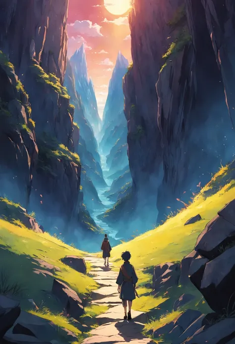 a man walks along a thin path on the sides of an abyss in front of mountains with the sun shining behind them