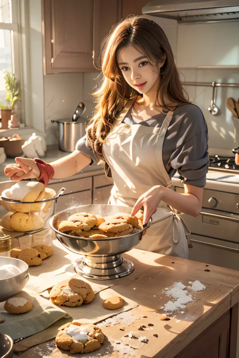 woman, age 20, a milf, bake cookies in a sunny kitchen, surrounded by flour, stir the bowl, naughty pets want to be treated