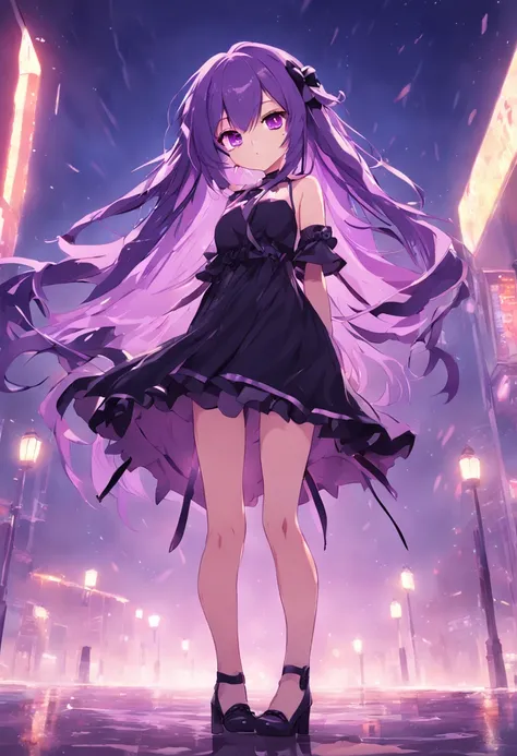 Purple hair、Purple hair、Tsundere、thighs thighs thighs thighs、Anime girl with black ribbon in black dress standing in night street with long purple hair, anime style 4 k, anime moe art style, nightcore, Anime style. 8K, Dressed in a nice dress, anime art wa...