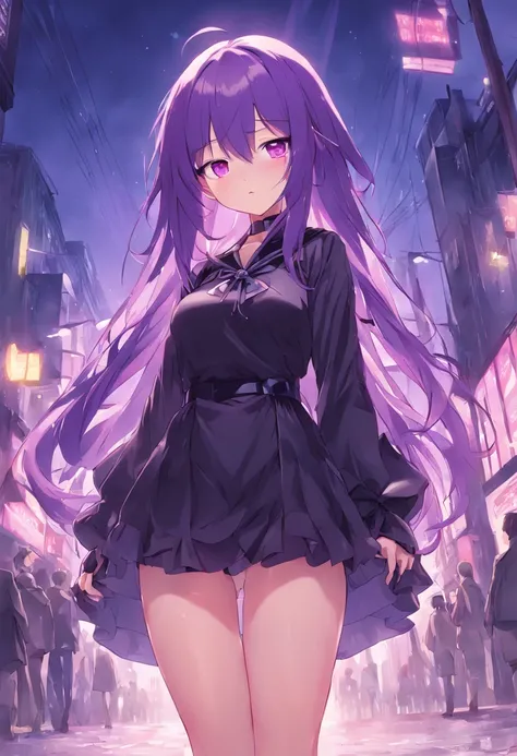 Purple hair、Purple hair、Tsundere、thighs thighs thighs thighs、Anime girl with black ribbon in black dress standing in night street with long purple hair, anime style 4 k, anime moe art style, nightcore, Anime style. 8K, Dressed in a nice dress, anime art wa...