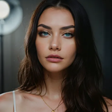 face of a model closeup, Madison Beer, headshot, long beautiful flowing ink like hair, smoky makeup, shining eyes, grey-gold-blue eyes, gold flecks, defined eyes, realistic eyes, doe eyes, beautiful perfect symmetrical face, extremely detailed, melancholy ...