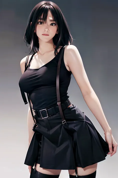 a black skirt, , Tank Tops　suspenders, Long Black Hair, Gray eyes, holster, Garter belt on the legs, , moderate chest and tight clothes, both sides　　Behind　no-bra 　a belt　teats