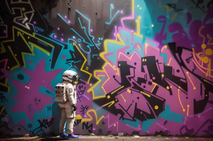 "Nighttime urban scene with atmospheric street lighting, featuring an (astronaut:1.4) (looking to wall (vibrant graffiti:1.6)), (Paris:1.1) (wet street:1.2), (side view:1.2), wide angle lens"