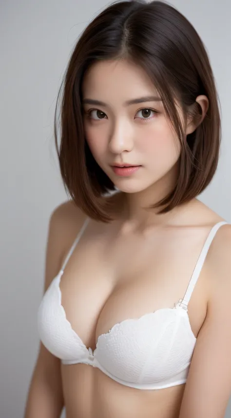 ((Best picture quality, 8K, tmasterpiece:1.3)), 1girll, Beautiful woman with slender abs:1.3, (Casual hairstyle, Leaky big breasts:1.2), Low-cut bra，Super large，Ultra-fine face, A detailed eye, 二重まぶた，ssmile，Home，The figure is very bad，tiny small waist，Supe...