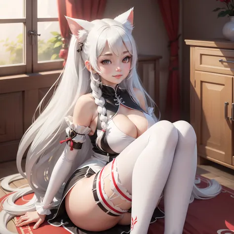 Silver hair, long whitr hair, double tails, ssmile, White cat ears, red color eyes, Chinese female high school student, anime big breast, Perfect cat lady，white stockings，Super detail, k hd