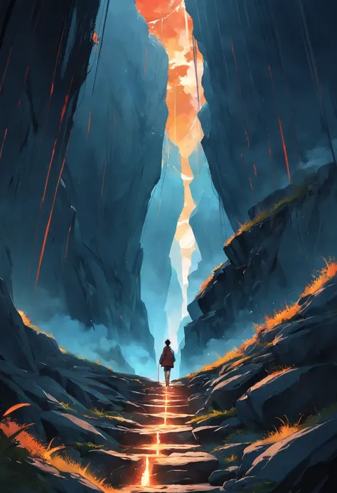 a man walks along a thin path on the sides of an abyss in front of mountains with the sun shining behind them