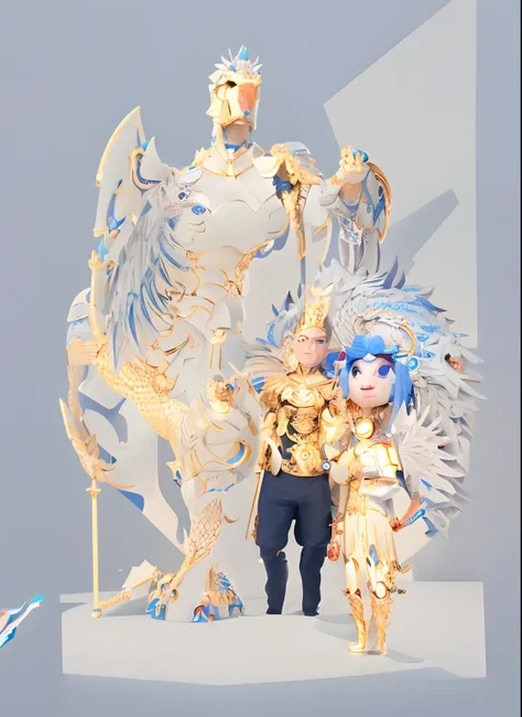 There was a man and a woman standing next to the dragon statue, 3 d goddess minerva, 3 d render stylized, Stylized anime, anime styled 3d, intricate ornate anime cgi style, (rendering by octane) Fantasy style, angelic golden armor, hyper-detailed fantasy c...