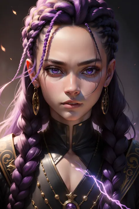 there is a black androgynous man with braids on her head, realistic purple aura shrouding him, digital age hyper realistic background, high quality portrait, portrait of ultra fantasy style realistic, portrait shot 8 k, sharp looking portrait, taken in the...