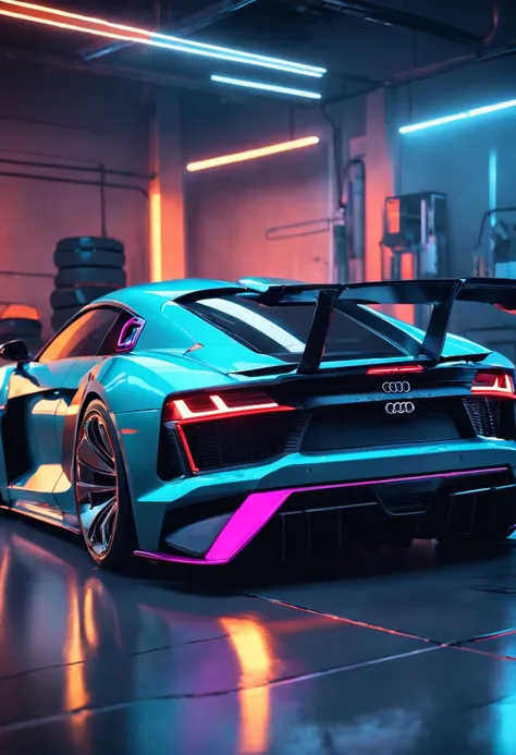 a close up of a sports car in a garage with a neon light, automotive photography, cyberpunk garage on jupiter, vehicle photography, Audi R8 , dramatic lighting and colors, hq 4k wallpaper, dramatic lighting render, futuristic product car shot,, daily rende...