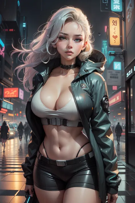 a beautiful, curvy and stunning robot woman named bean with a medium bust, walking in the rain, drawn in semi anime art style, cyberpunk robot