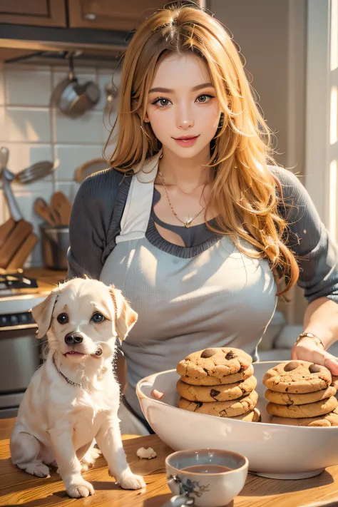 woman, age 20, a milf, bake cookies in a sunny kitchen, surrounded by flour, stir the bowl, naughty pets want to be treated