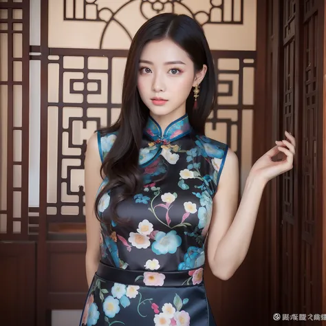 1girl、One beautiful woman、Cheongsam beauty、8 Head Body、full body Esbian、Colossal tits、face perfect、mesmerizing eyes、large slit in the skirt,