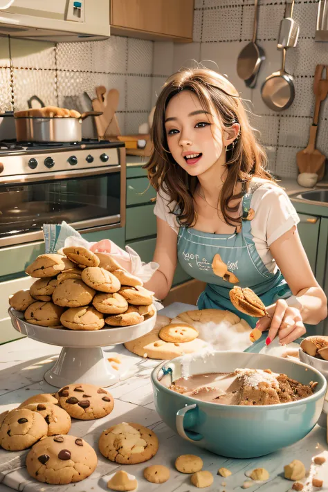 woman, age 20, a milf, bake cookies in a sunny kitchen, surrounded by flour, stir the bowl, naughty pets want to be treated