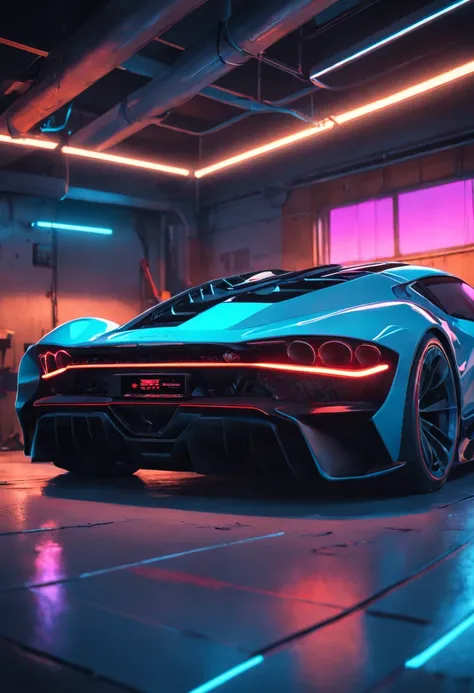 a close up of a sports car in a garage with a neon light, automotive photography, cyberpunk garage on jupiter, vehicle photography, sports , dramatic lighting and colors, hq 4k wallpaper, dramatic lighting render, futuristic product car shot,, daily render...