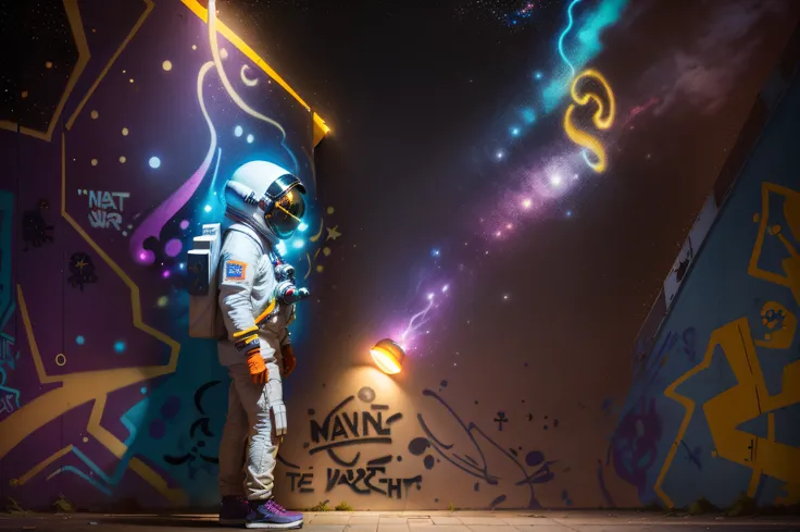 "Nighttime urban scene with atmospheric street lighting, featuring an (astronaut:1.4) (looking to wall (vibrant space graffiti:1.6)), (Berlin street:1.1) (wet street:1.2), (side view:1.2)"