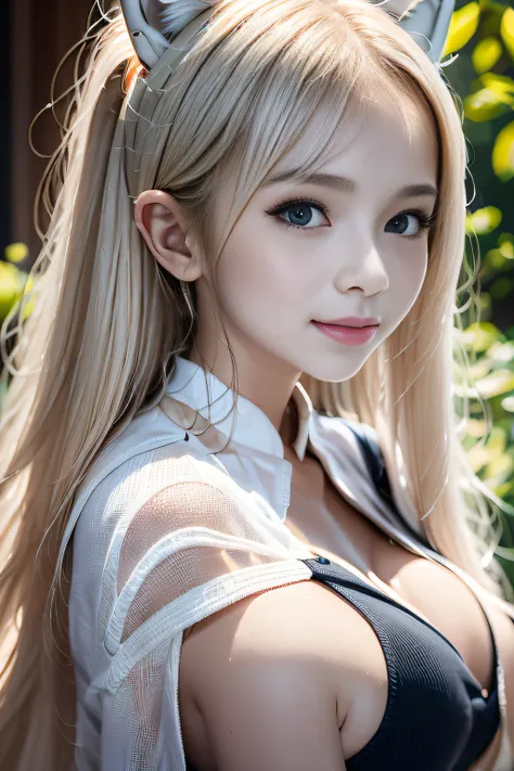 bright expression、poneyTail、young and shiny white shiny skin、Best Looks、Gold reflects light、Platinum blonde hair，Shine brightly、Shiny light hair,、Super long silky straight hair、Beautiful bangs that shine、Big blue eyes that sparkle like crystal clear and ch...