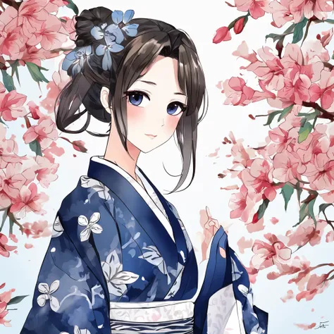 A single anime woman is looking at the camera, with black eyes and black tied up hair, wearing a navy blue flower petal printed yukata, is standing in front of a absolute icy blue background and is curiously looking at the camera with one of her eyebrow up...