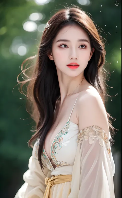 ((Best Quality, 8k, Masterpiece: 1.3)), Focus: 1.2, Perfect Body Beauty: 1.4, Buttocks: 1.2, ((Layered Haircut)), (Wet Clothes: 1.1), (Rain, Street:1.3), (Breasts: 1.2), (Hanfu: 1.2), Bare Shoulders, Bare Legs, Highly Detailed Face and Skin Texture, Fine E...