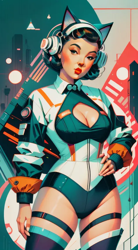 retro scifi art,vintage,1pinup girl with very white techwear clothes,cat,geometric shapes and simple stripes on background