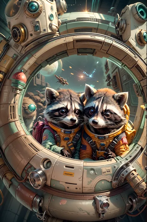 "transport viewers to a whimsical and imaginative world where two adorable raccoons, each donning their own space suit, share a ...