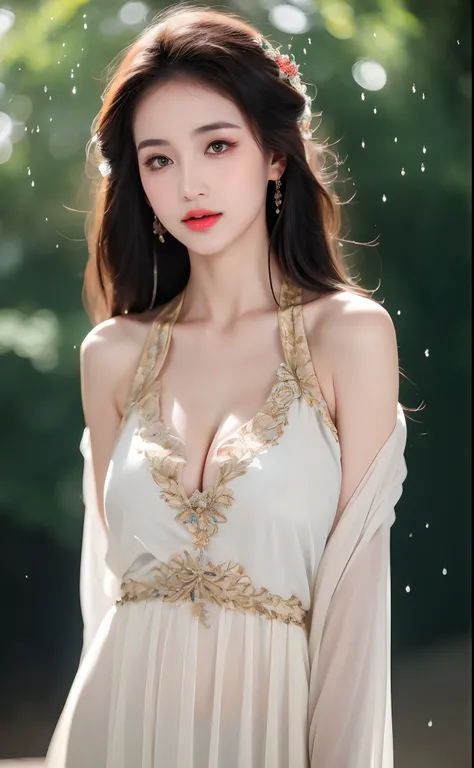 ((Best Quality, 8k, Masterpiece: 1.3)), Focus: 1.2, Perfect Body Beauty: 1.4, Buttocks: 1.2, ((Layered Haircut)), (Wet Clothes: 1.1), (Rain, Street:1.3), (Breasts: 1.2), (Hanfu: 1.2), Bare Shoulders, Bare Legs, Highly Detailed Face and Skin Texture, Fine E...