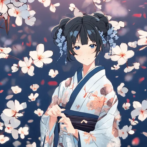 A single anime woman is looking at the camera, with black eyes and black tied up hair, wearing a navy blue flower petal printed yukata, is standing in front of a absolute icy blue background and is curiously looking at the camera with one of her eyebrow up...