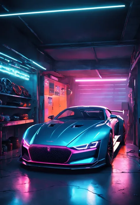 a close up of a sports car in a garage with a neon light, automotive photography, cyberpunk garage on jupiter, vehicle photography, sports , dramatic lighting and colors, hq 4k wallpaper, dramatic lighting render, futuristic product car shot,, daily render...