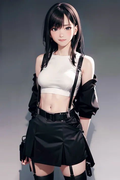 a black skirt, , Tank Tops　suspenders, Long Black Hair, Gray eyes, holster, Garter belt on the legs, , moderate chest and tight clothes, both sides　　Behind　no-bra 　a belt　teats