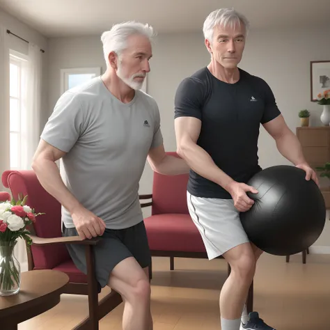 image of a middle-aged, white, gray-haired gentleman, performing physical activities with the help of a personal trainer, in the living room with an armchair, open windows, tall doors, pictures on the walls and a vase of flowers on a table