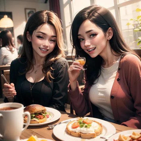 Female friends eat a brunch together, smiles and joy, happiness, friendship, lots of details