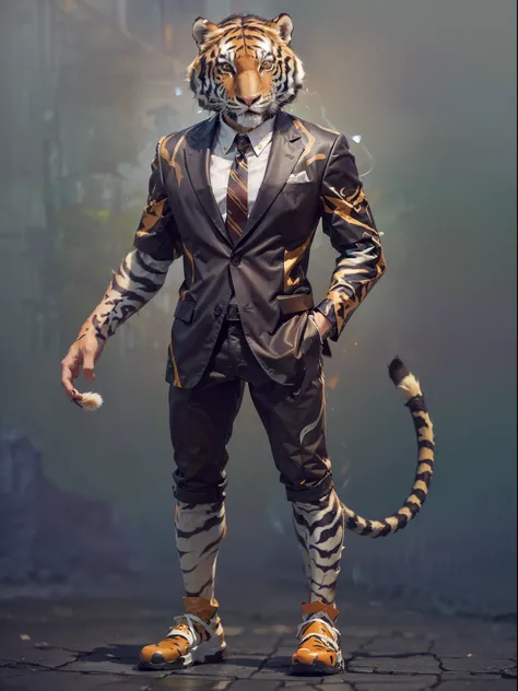 (((fullbody image、Standing posture)))、(Full body tiger standing upright in luxury business suit、Humanoid tiger、Cool anthropomorphic tiger with long legs)、​masterpiece, top-quality, in 8K , intricate detailes, ultra-detailliert , light Particle、32K Digital ...