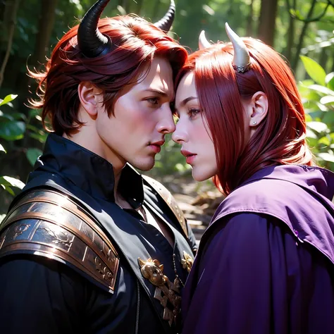 A man with purple armor all over his body, and a woman on his side, his features are red hair, black horns, background of the forest, man with short hair both with horns, man with short hair