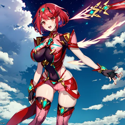 pyra (xenoblade),mythra (xenoblade), teen_1girl, loli, armor, bangs, black gloves, breasts, red eyes, closed mouth, earrings, eyelashes, fingerless gloves, floating hair, framed breasts, gem, gloves, hair ornament, headpiece, jewelry, big_breasts, leaning ...