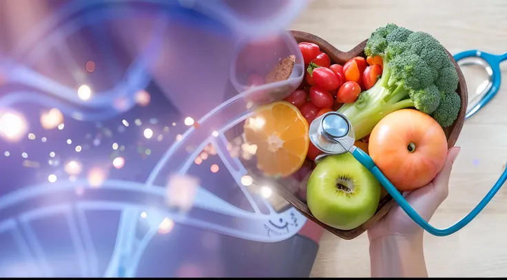 someone holding a bowl of fruits and vegetables with a stethoscope, biotecnologia, Biohacking, exclusivo, biotecnologia, food particles, photo rendering, abcdefghijklmnopqrstuvwxyz, NCIS, scientific, corpo inteiro, corpo inteiro, Diagnostics, bioorganic co...