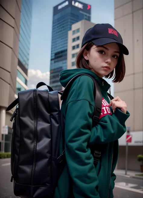 Beautiful woman with a backpack and a hat in front of a building, com uma mochila, mochila, o homem tem uma mochila, um homem usando uma mochila, uma mochila, mochila quadrada, Fotografia de uma mulher techwear, 2 mulheres techwear, saco, 🤬 🤮 💕 🎀, Tudo ao ...