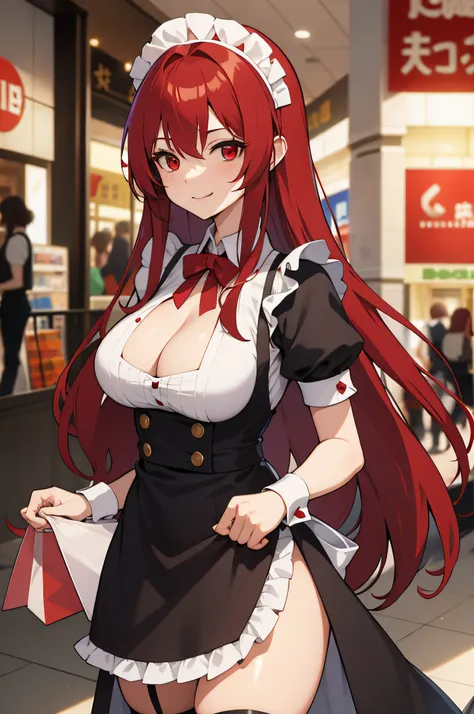 Long hair,big breasts, tattered maid outfit, red hair,red eyes,shiny hair,Residence,shopping mall, light smile