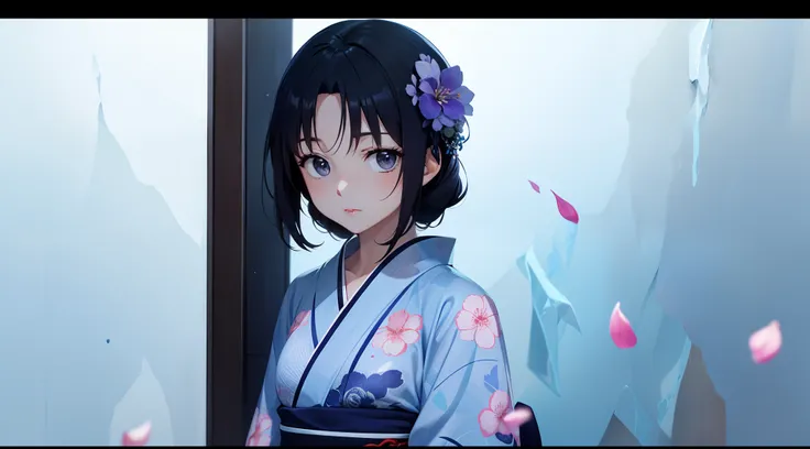 A single anime woman is looking at the camera, with black eyes and black tied up hair, wearing a navy blue flower petal printed yukata, is standing in front of a absolute icy blue background and is curiously looking at the camera with one of her eyebrow up...