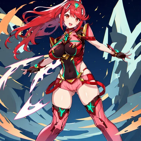 pyra (xenoblade),mythra (xenoblade), teen_1girl, loli, armor, bangs, black gloves, breasts, red eyes, closed mouth, earrings, eyelashes, fingerless gloves, floating hair, framed breasts, gem, gloves, hair ornament, headpiece, jewelry, big_breasts, leaning ...