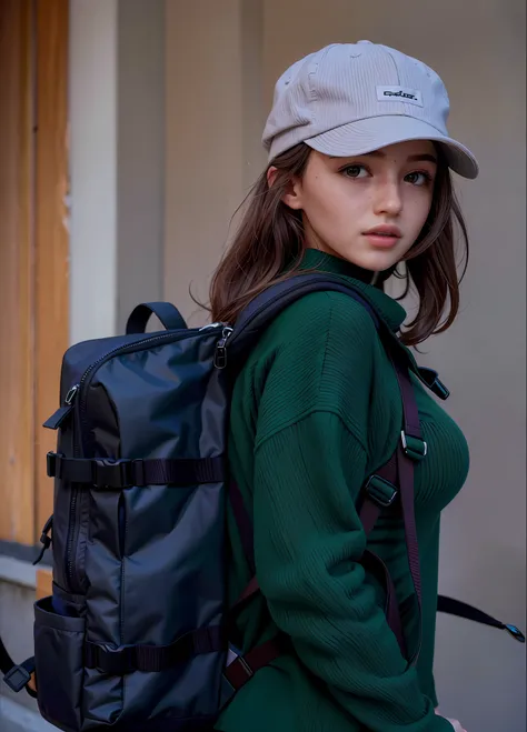 Beautiful woman with a backpack and a hat in front of a building, com uma mochila, mochila, o homem tem uma mochila, um homem usando uma mochila, uma mochila, mochila quadrada, Fotografia de uma mulher techwear, 2 mulheres techwear, saco, 🤬 🤮 💕 🎀, Tudo ao ...