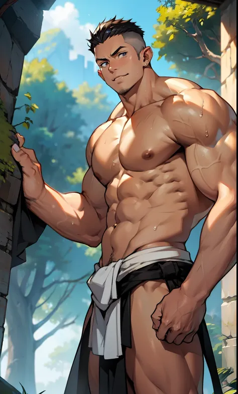 (photo angle from the bottom up) (highest quality photo) elf boy,no beard ,cute young face,royal,young,teenager,wearing a short triangular loincloth,anime image,  standing, cute young face, undercut hair, huge muscular chest muscles, big and strong thighs,...