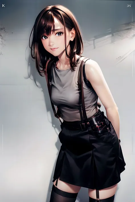 a black skirt, Tank Tops　suspenders, Brown hair short, Gray eyes, holster, Garter belt on the legs, moderate chest and tight clothes, both sides　　Behind　No Bra Belt