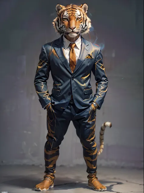 (((fullbody image、Standing posture)))、(Full body tiger standing upright in luxury business suit、Humanoid tiger、Cool anthropomorphic tiger with long legs)、​masterpiece, top-quality, in 8K , intricate detailes, ultra-detailliert , light Particle、32K Digital ...