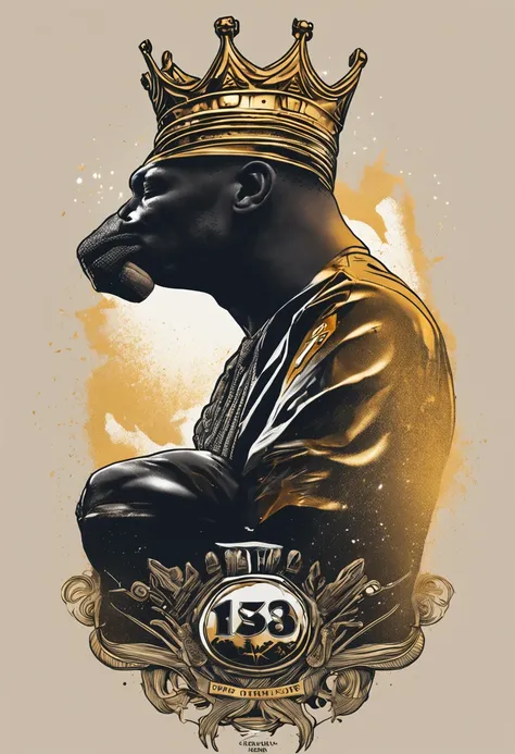 design circular; t-shirt design logo, michael jordan, crown on the head written (THE KING), black jersey, photorealism, gold rain, masterpiece, 8K, UHD, analog style, high detail, detailed skin, depth of field, tee grizzley, black background,