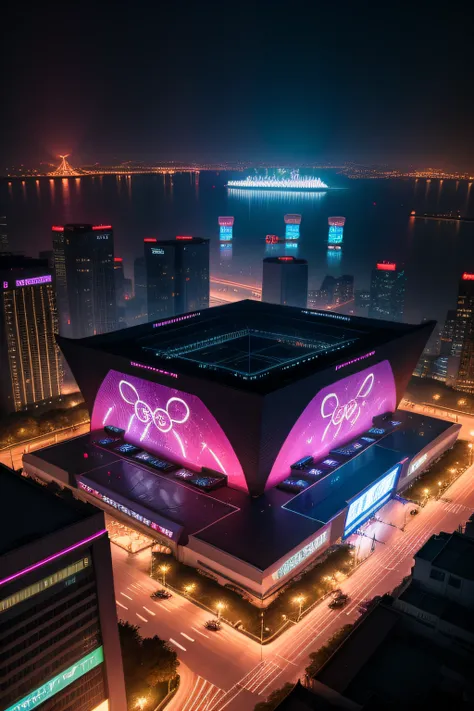 Overlooking the Hangzhou Olympic Sports Center Gymnasium，night，cyber punk perssonage