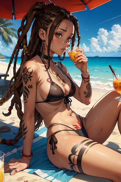 young woman, brown eyes, dreadlocks hairstyle, dreads, blond hair, red flames tattoos on arm, tattoos, tattoed, inked tattoos, on a beach, coconuts on background, drinking one Piña colada