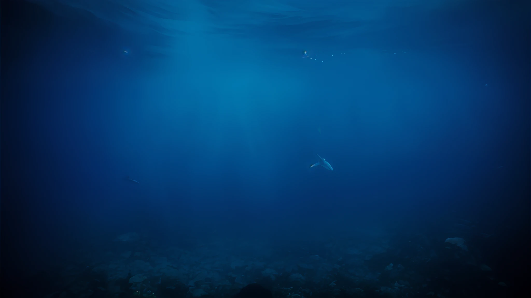 An old man lies in a small boat，The ship sails in the sea，The surrounding sea is surrounded by sharks